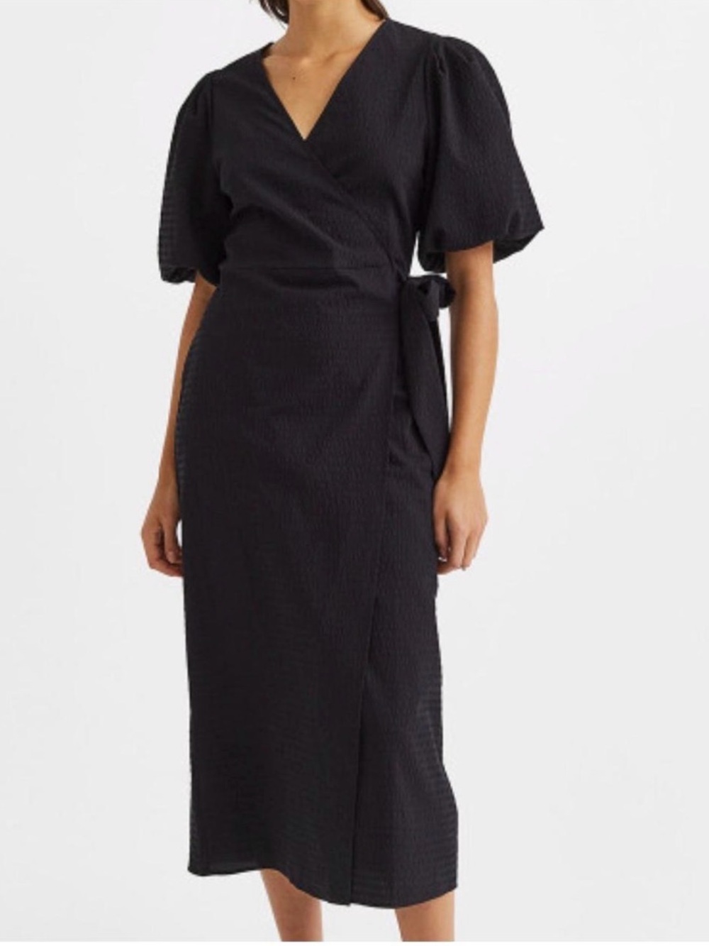 H&M sear sucker Black Wrap Midi Dress with Puff Sleeves xs